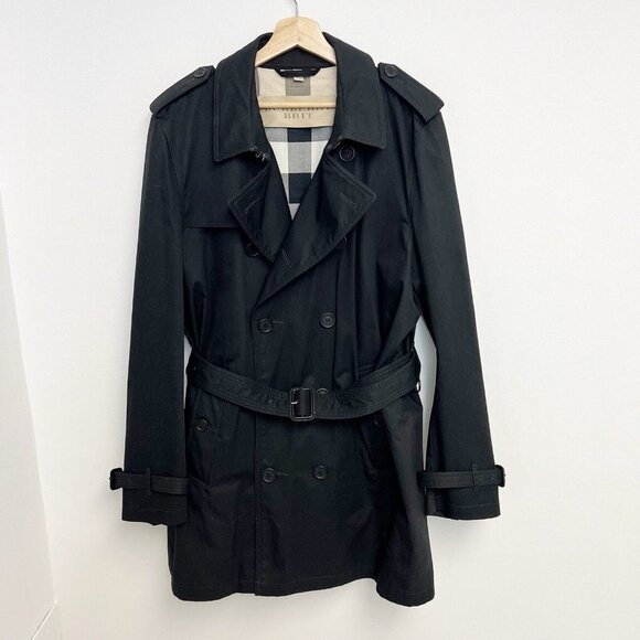 Burberry Brit Men’s Black Double Breasted Plaid Lined  Belt Trench Coat Jacket - Picture 15 of 15